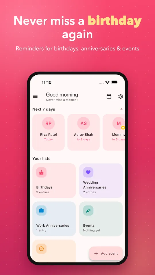 Home screen with birthdays in the next 7 days and your lists