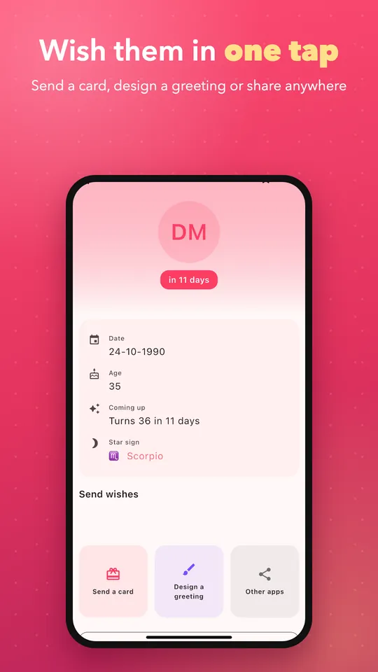 Person detail with date, age, countdown and send-wish options